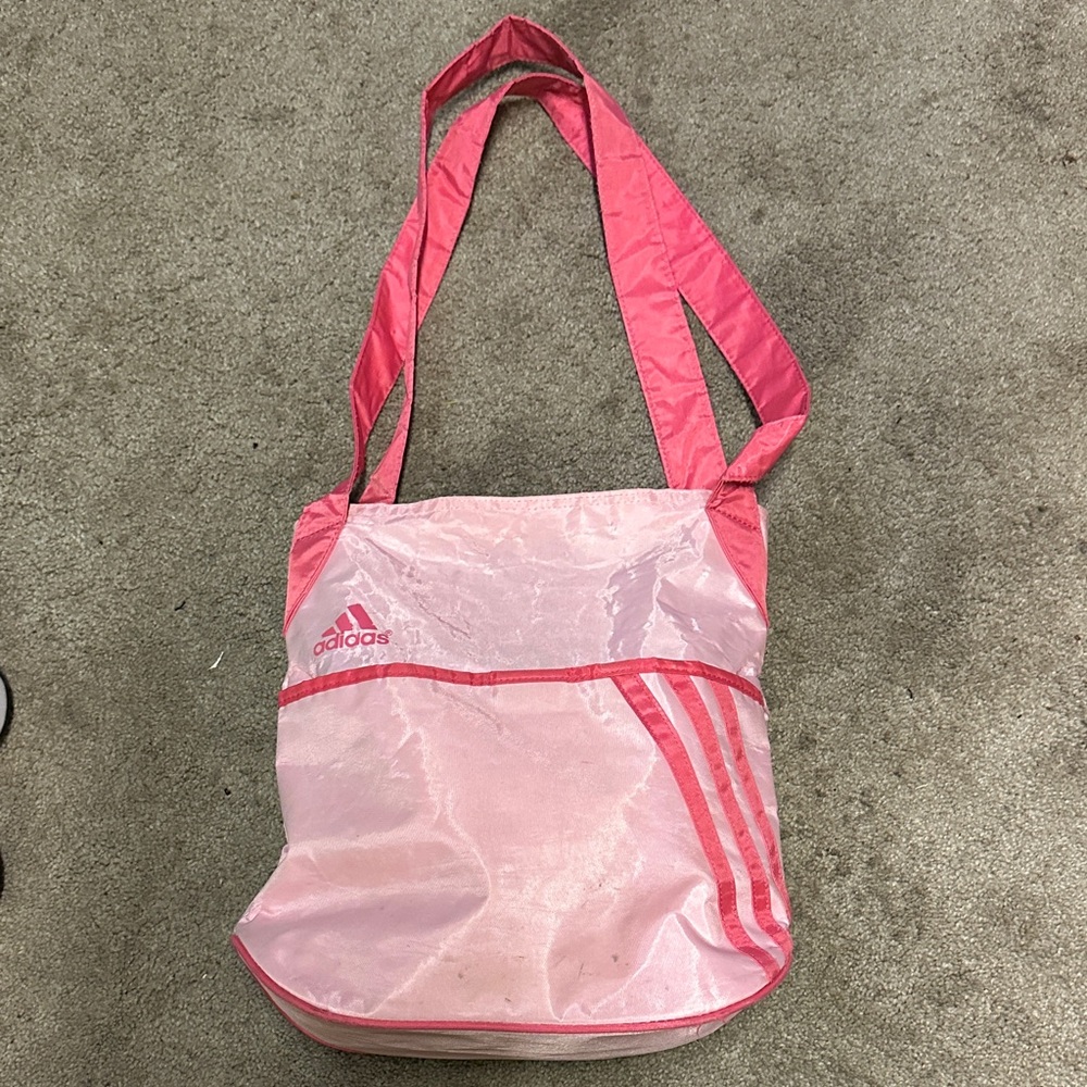 adidas Women Tote Bag Shoulder Gym Casual Pink Two Tone Logo Stripes OS